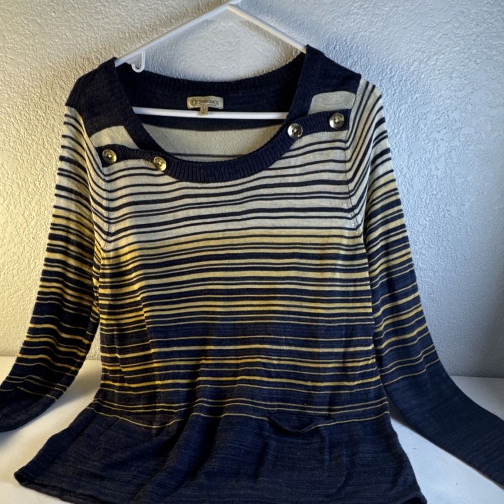 Democracy Boat Neck Striped Button Pullover Sweater Navy Yellow XL B682MYSW